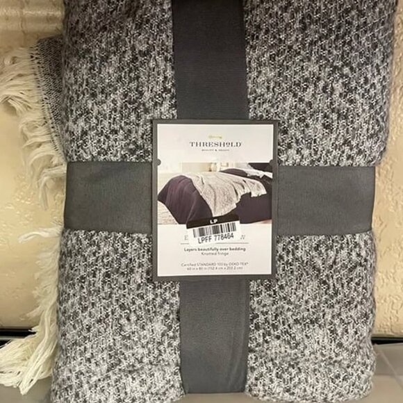 Brand New with Tags 60"x80" Marled Boucle Bed Throw with Fringe Gray - Threshold - Picture 2 of 3